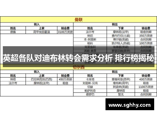 英超各队对迪布林转会需求分析 排行榜揭秘